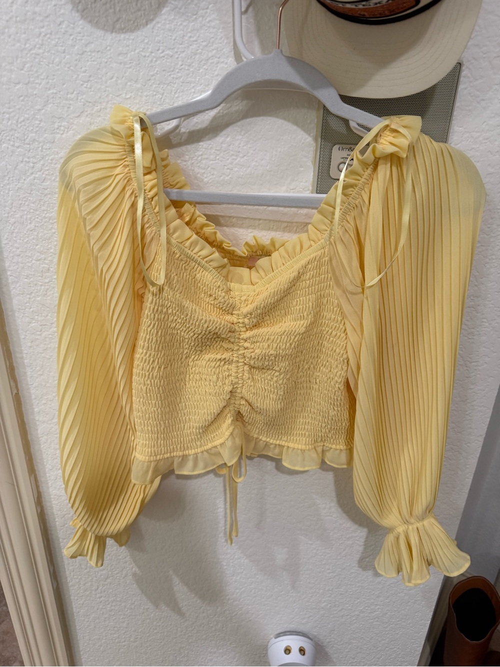 She + Sky Pale Yellow Smocked Peasant Blouse